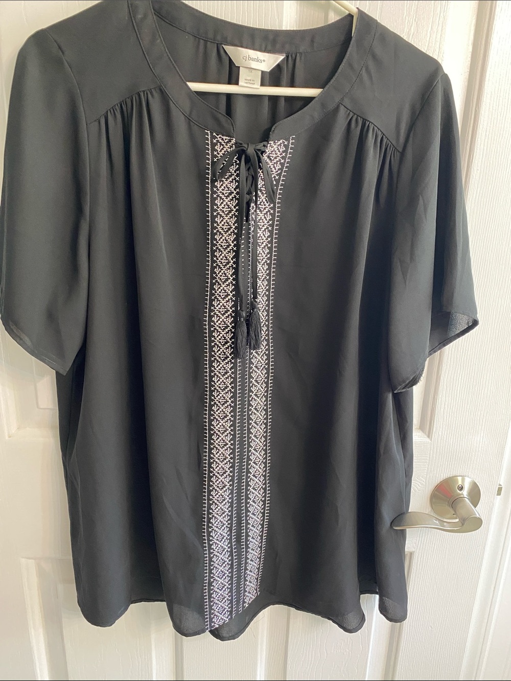 CJ Banks Black Short-Sleeve Tie-Neck Blouse with White Embroidery